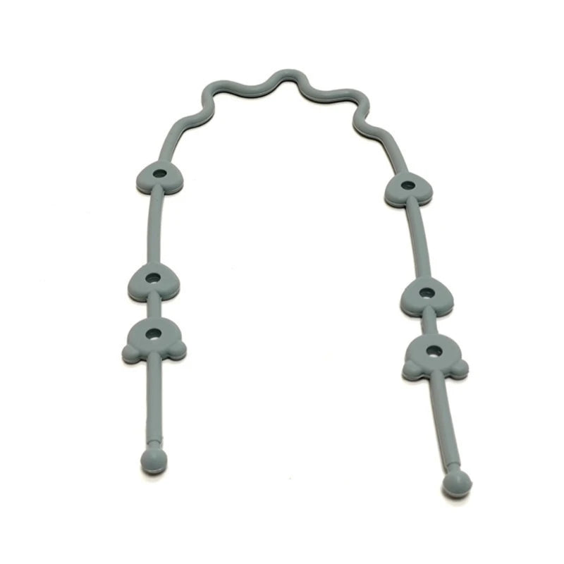Adjustable gray silicone pacifier and bottle strap with heart-shaped holes.