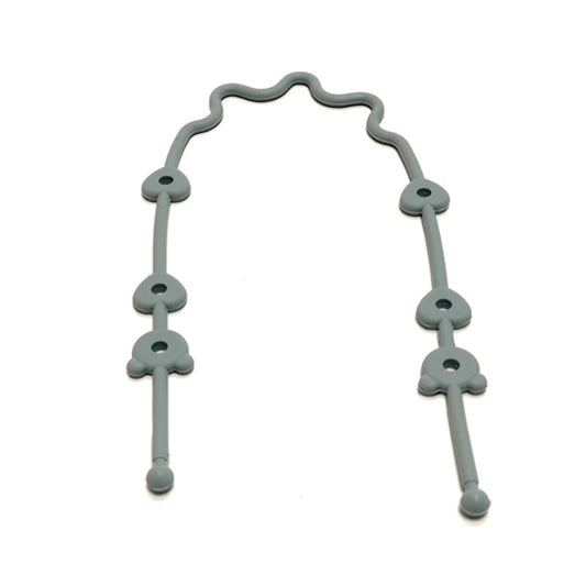 Adjustable gray silicone pacifier and bottle strap with heart-shaped holes.