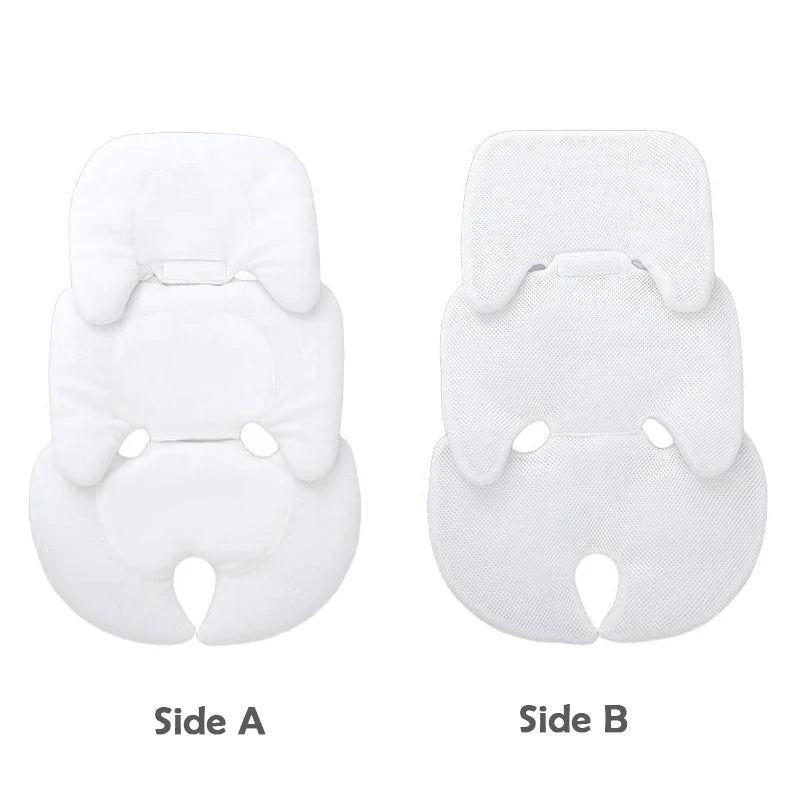 White reversible universal baby stroller and car seat cushion, showing smooth Side A and textured Side B.