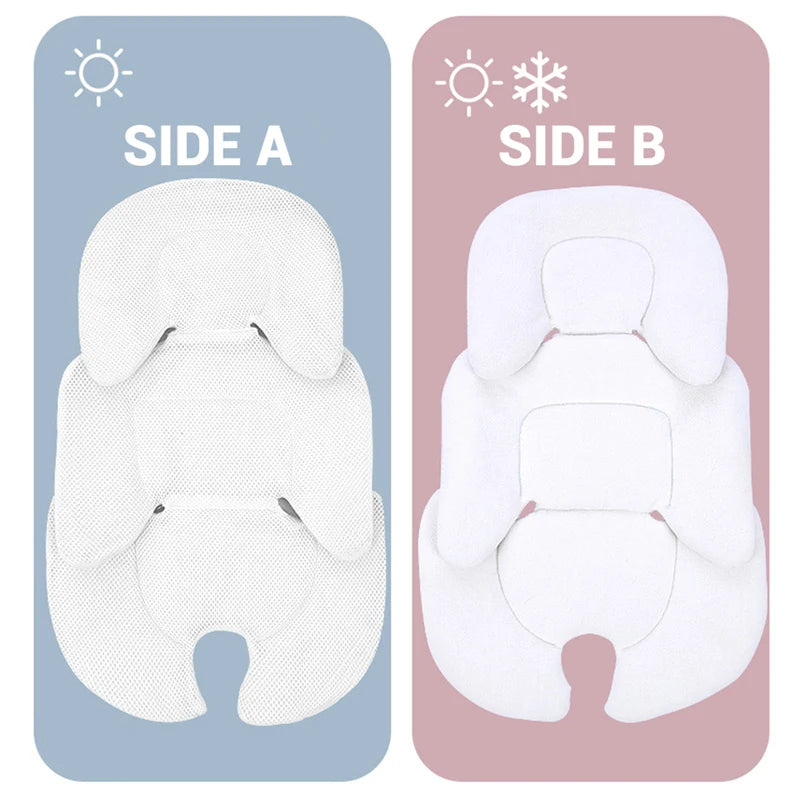 White reversible universal baby stroller and car seat cushion with breathable mesh and soft fabric sides.