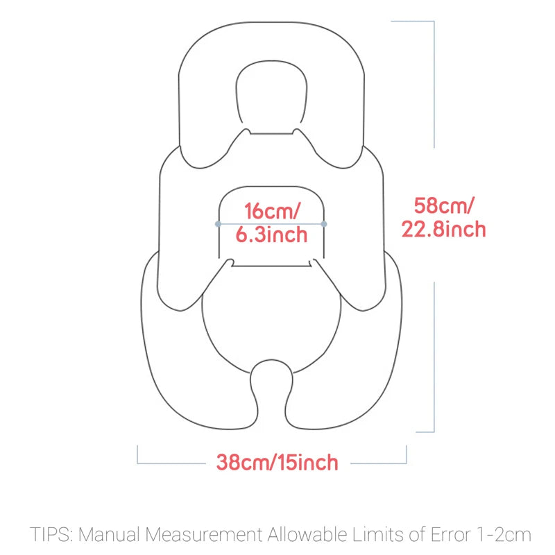 Outline drawing of a universal reversible stroller and car seat cushion with dimensions: 58x38cm.