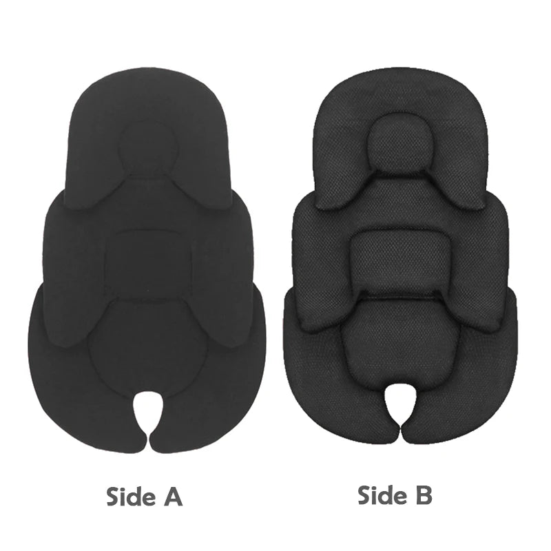 Black universal reversible baby stroller and car seat cushion, showing smooth Side A and textured Side B.
