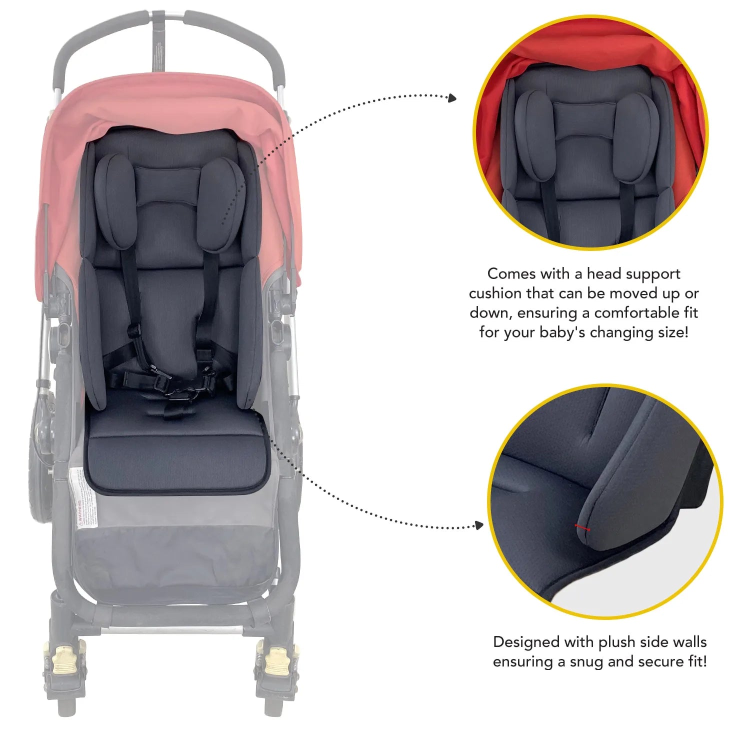 Universal dark gray stroller liner with adjustable head support and plush side walls.