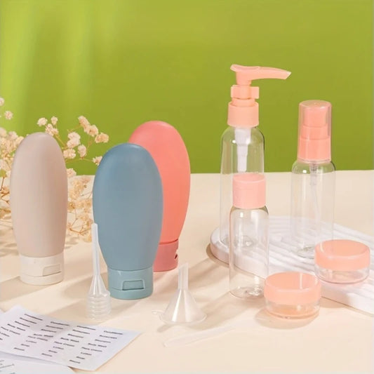 11-piece travel bottle set with clear storage bag, including silicone squeeze bottles, pump, spray, and jars in pastel colors.