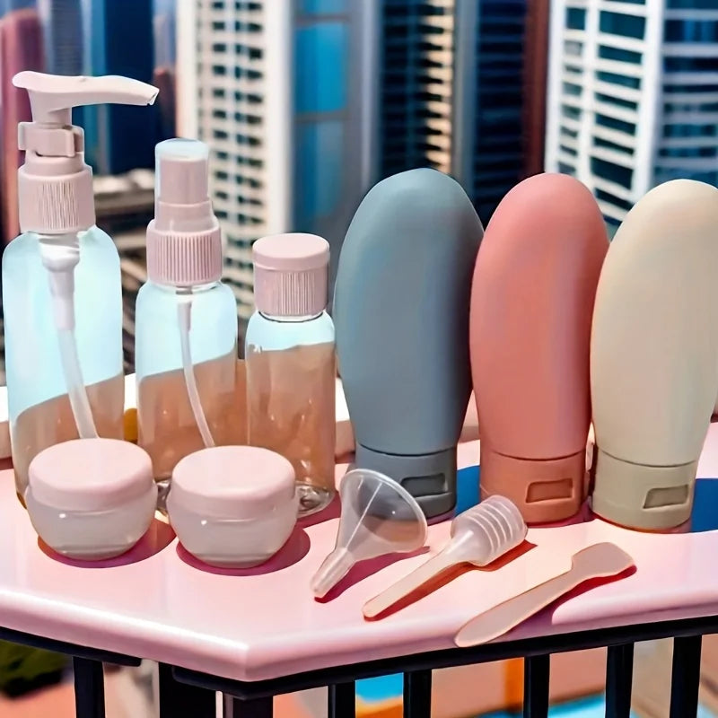 11-piece travel bottle set with clear plastic and soft silicone containers in pink, gray, and beige, plus tools.