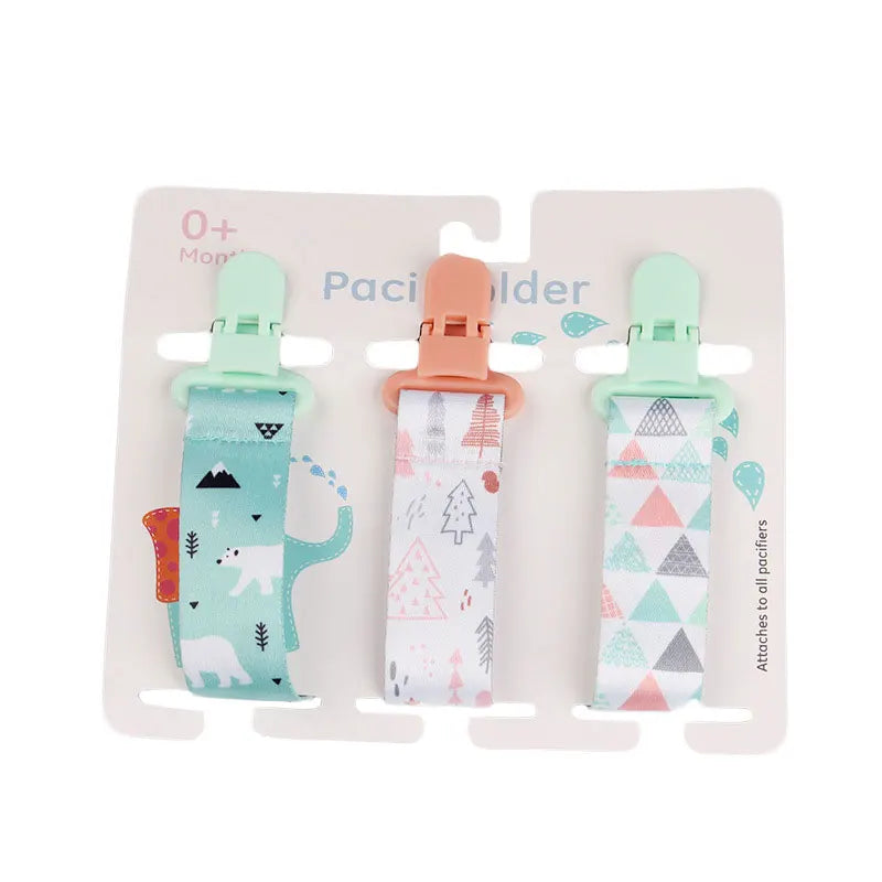 Set of 3 baby pacifier clips with plastic clasps, featuring cute animal, tree, and geometric patterns.