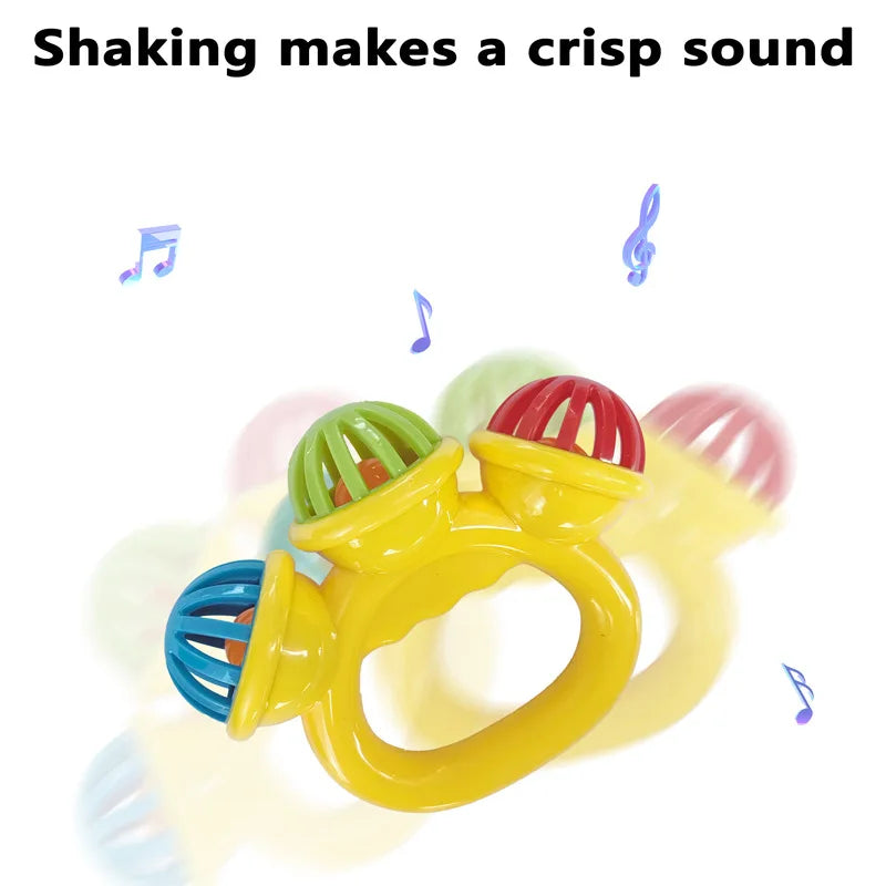 Yellow baby rattle with colorful red, green, and blue bells, designed for easy grip and soothing sounds.