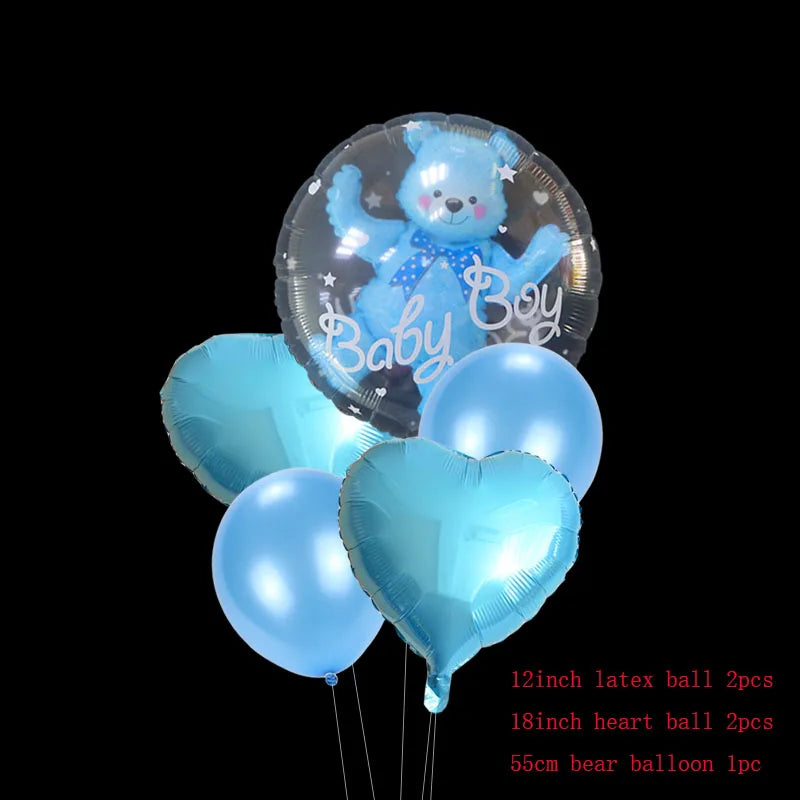Set of 5 blue balloons: 1 clear bear "Baby Boy" balloon, 2 heart, and 2 round latex balloons.