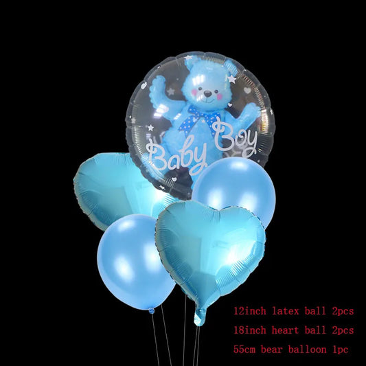 Set of 5 blue balloons: 1 clear bear "Baby Boy" balloon, 2 heart, and 2 round latex balloons.