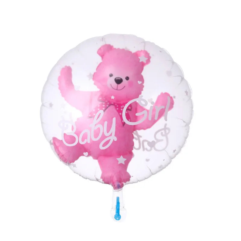Round transparent balloon with pink teddy bear and "Baby Girl" text.