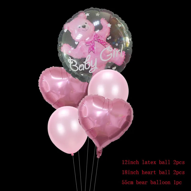 Pink "Baby Girl" clear bear balloon with two pink heart and two solid pink latex balloons.