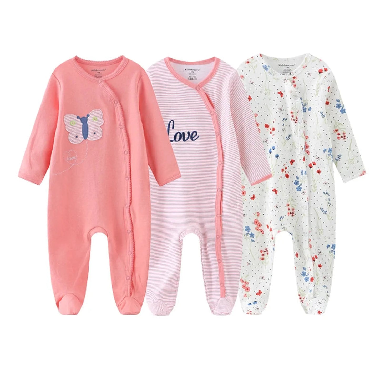 Three long-sleeve cotton baby rompers: pink with butterfly, pink striped with "Love", and white floral print.