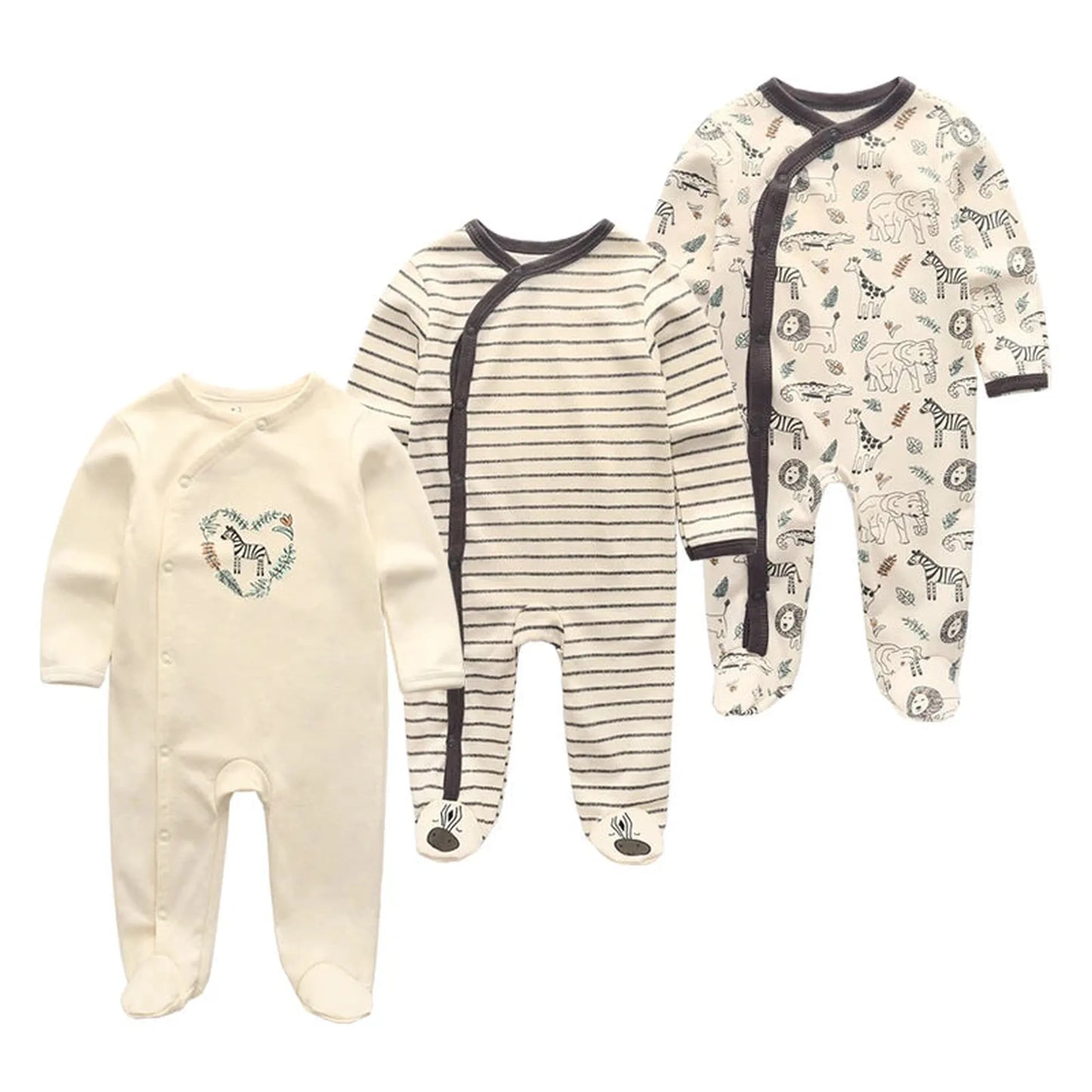 Three long-sleeve cotton baby rompers: cream with a heart, striped, and safari animal print.