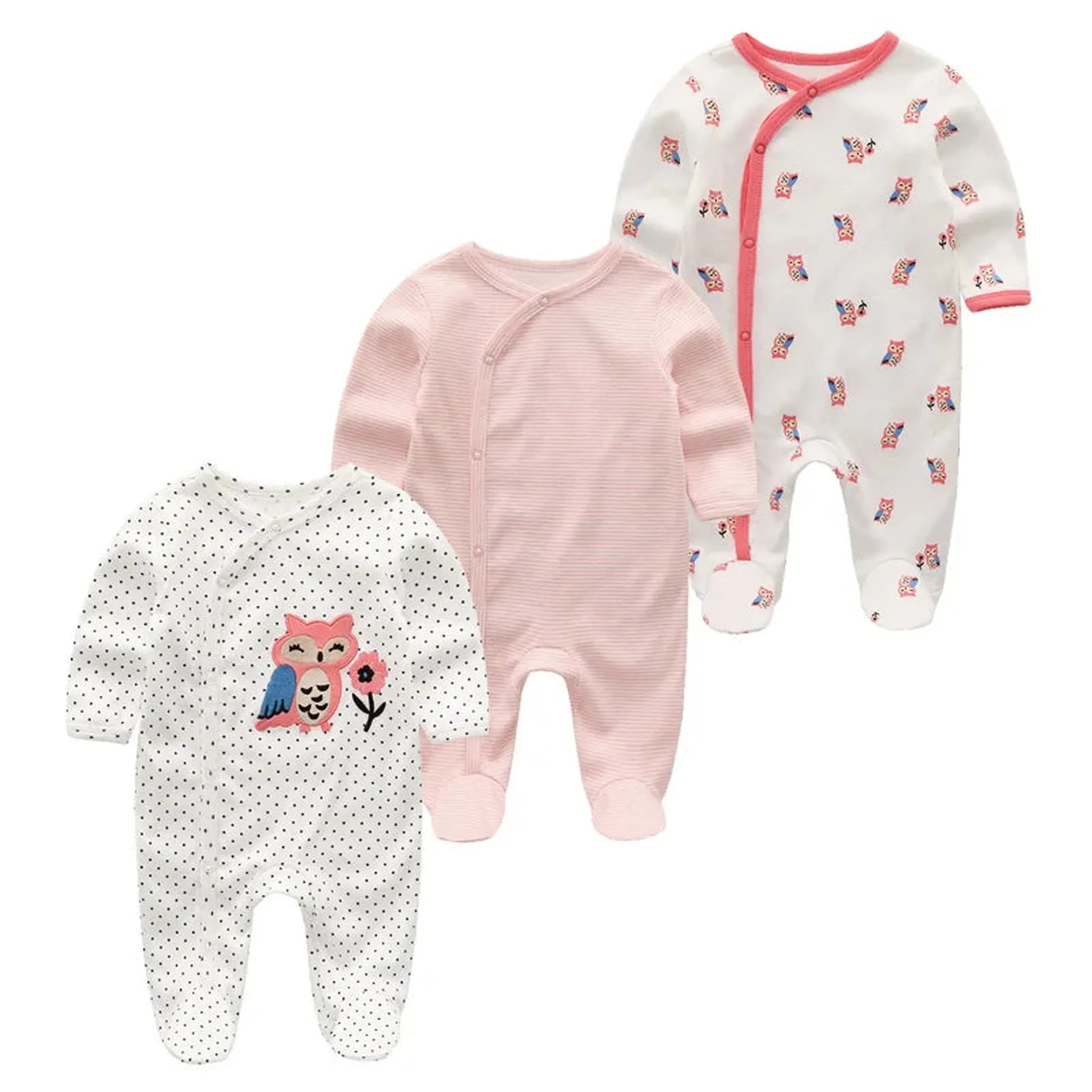 Three long-sleeve cotton baby rompers: white with owl print, pink striped, and white with colorful bird print.