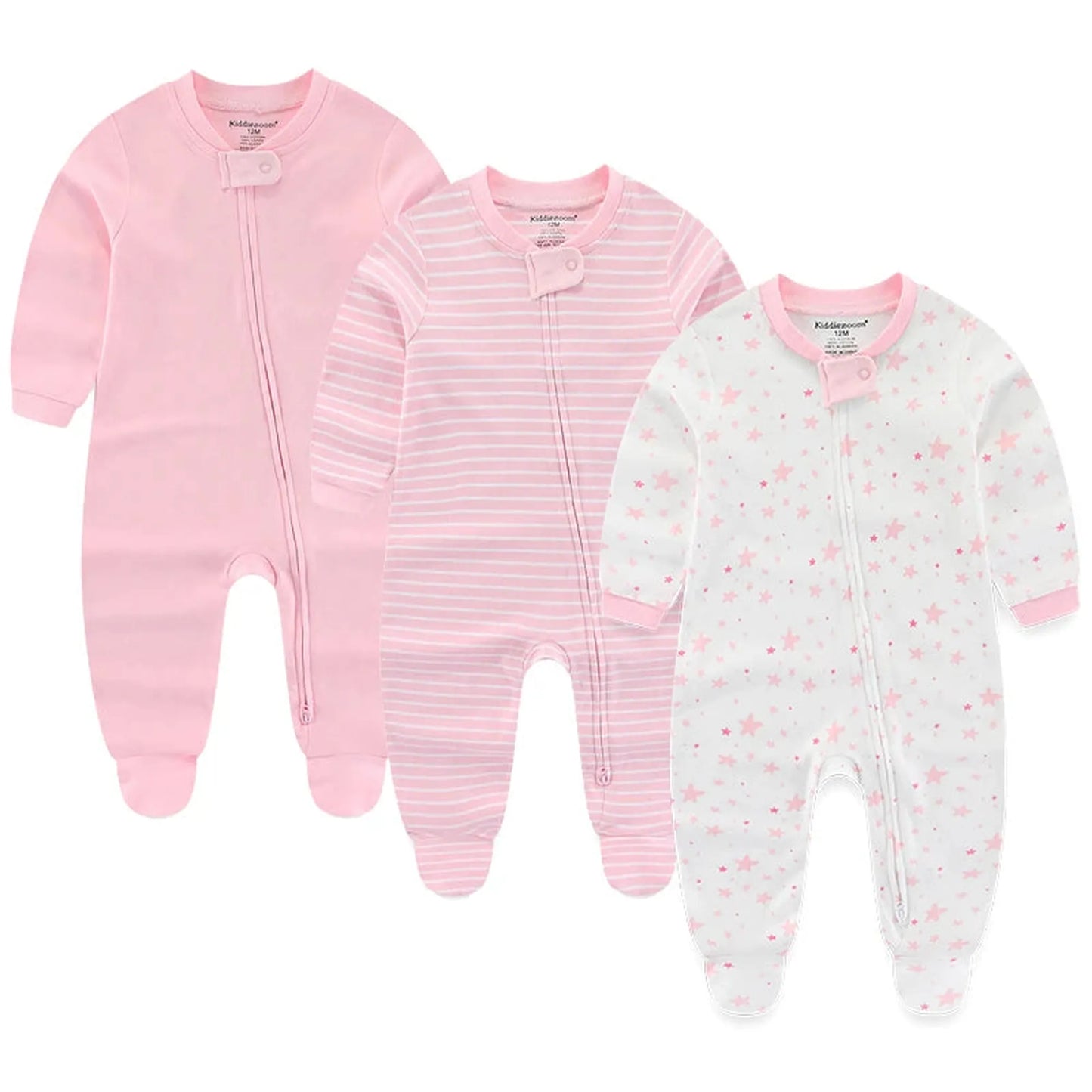 Three pink and white long-sleeve cotton baby rompers: solid pink, pink striped, and white with pink stars.