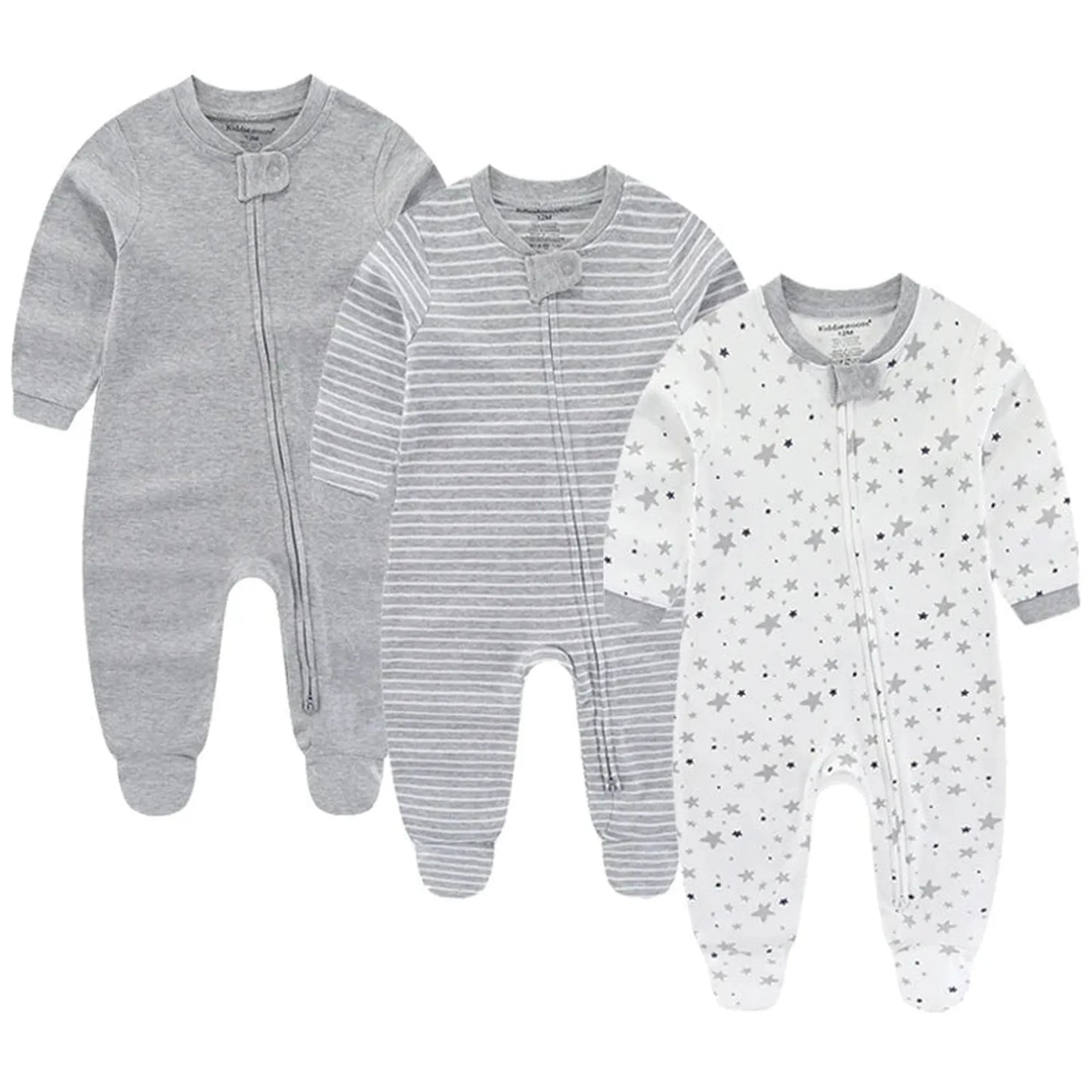 Three long-sleeve cotton baby rompers: solid gray, gray stripes, and white with gray stars.