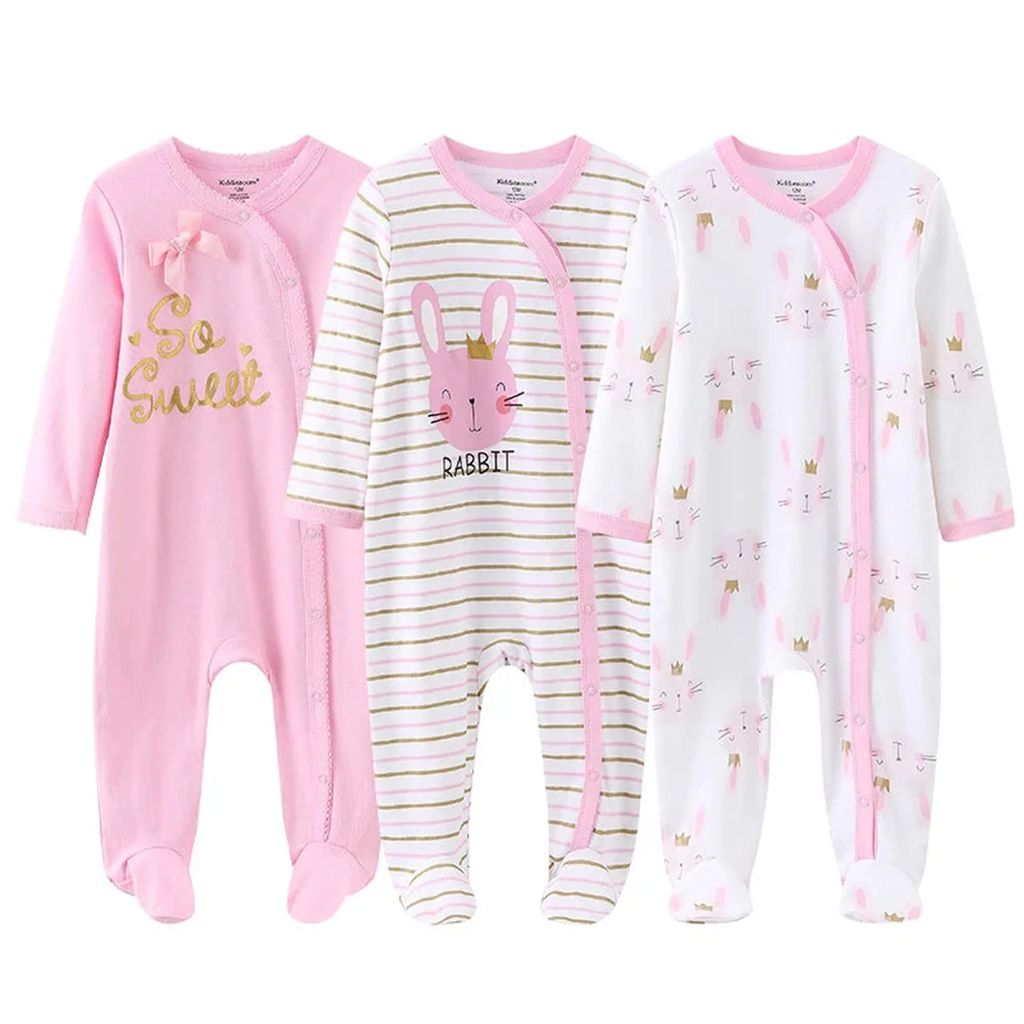 Three pink and white long-sleeve cotton baby rompers with footies, featuring bunny prints and "So Sweet" text.