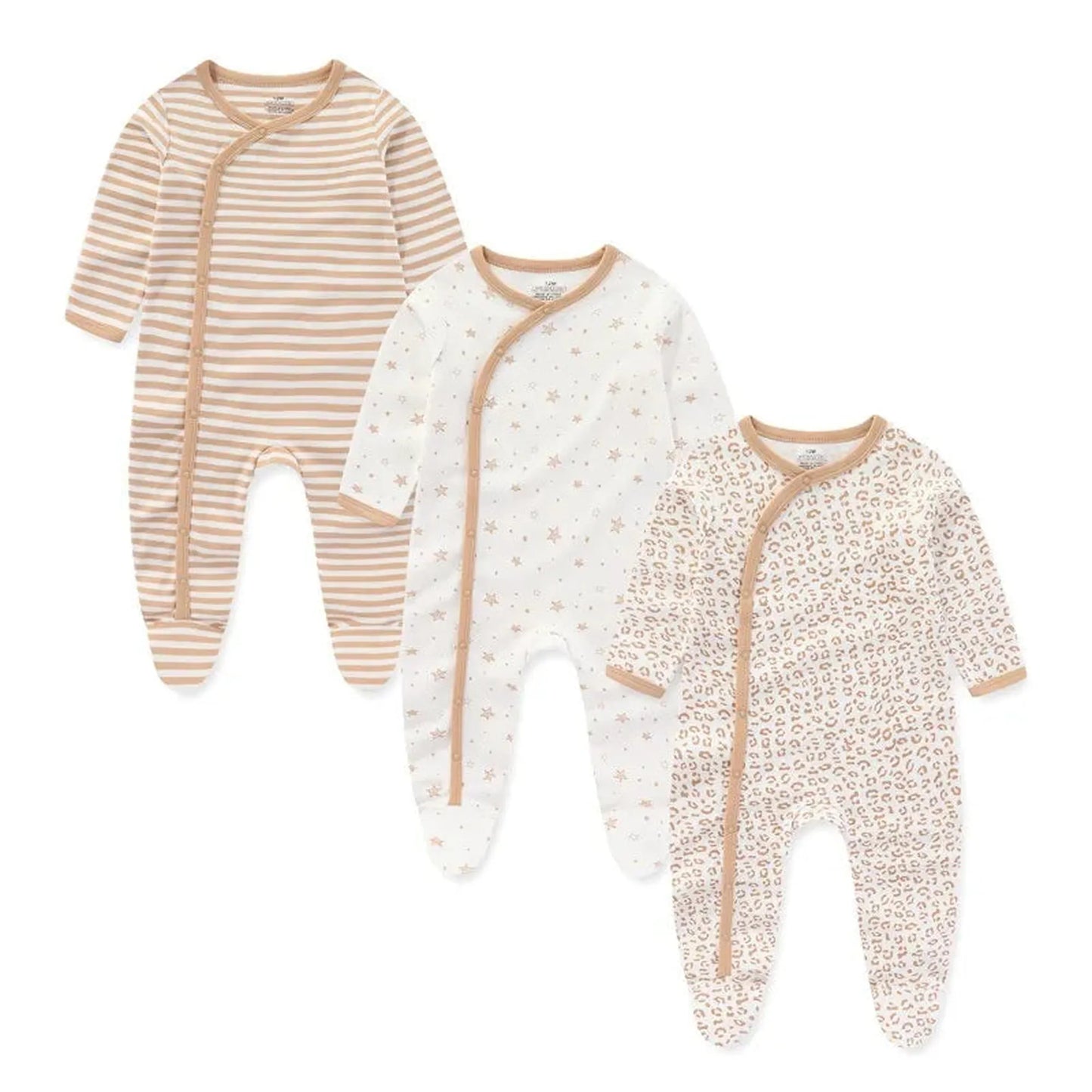Three long-sleeve cotton baby rompers in beige stripes, white with stars, and leopard print.