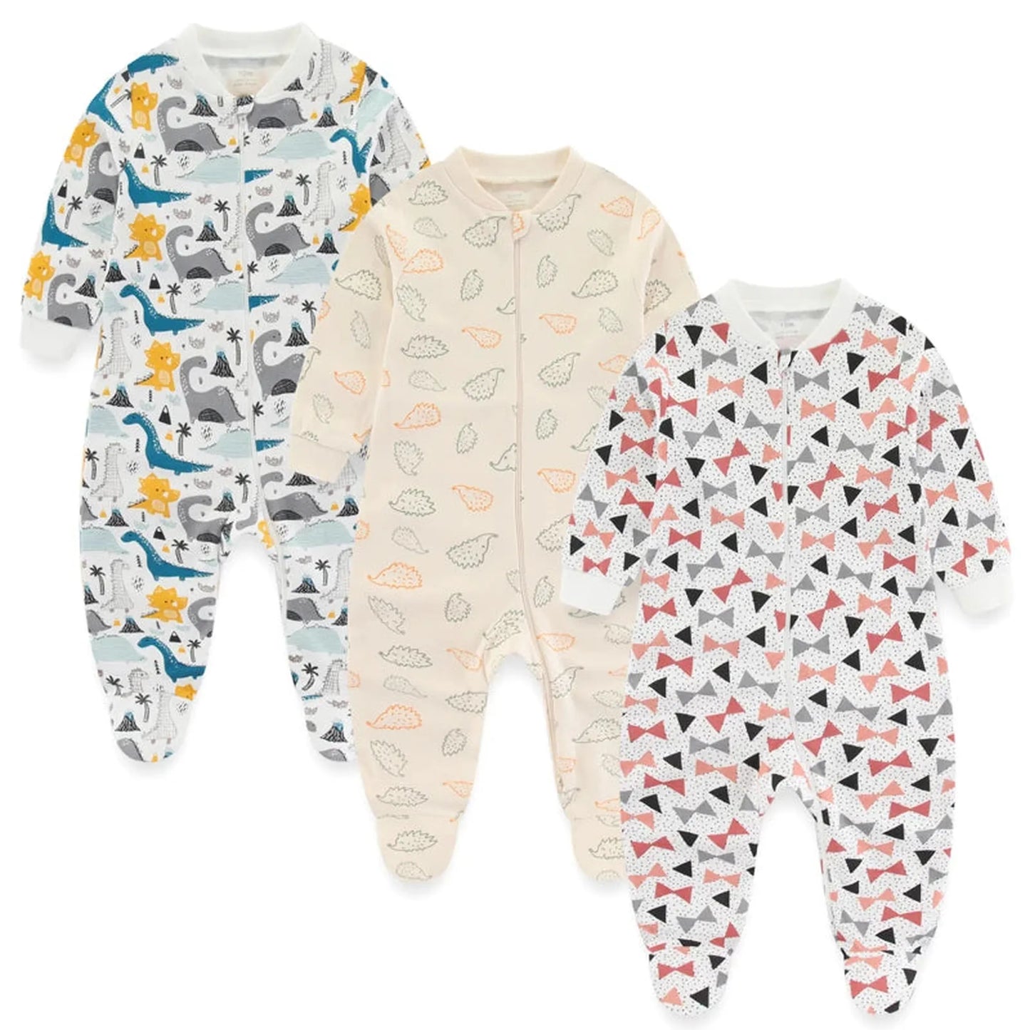 Three long-sleeve cotton baby rompers: dinosaur print, leaf print, and geometric bow print.