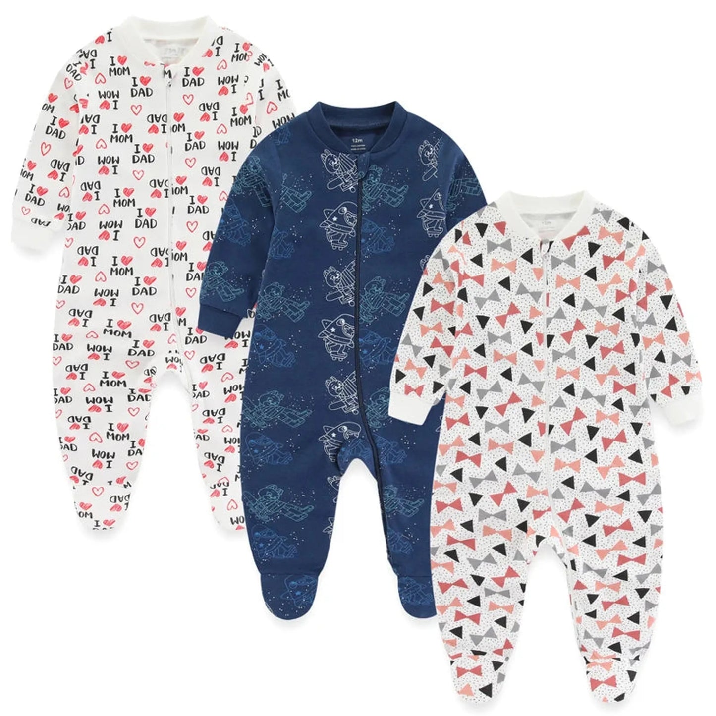 Three long-sleeve cotton baby rompers: white with hearts, blue with space print, and white with bow ties.