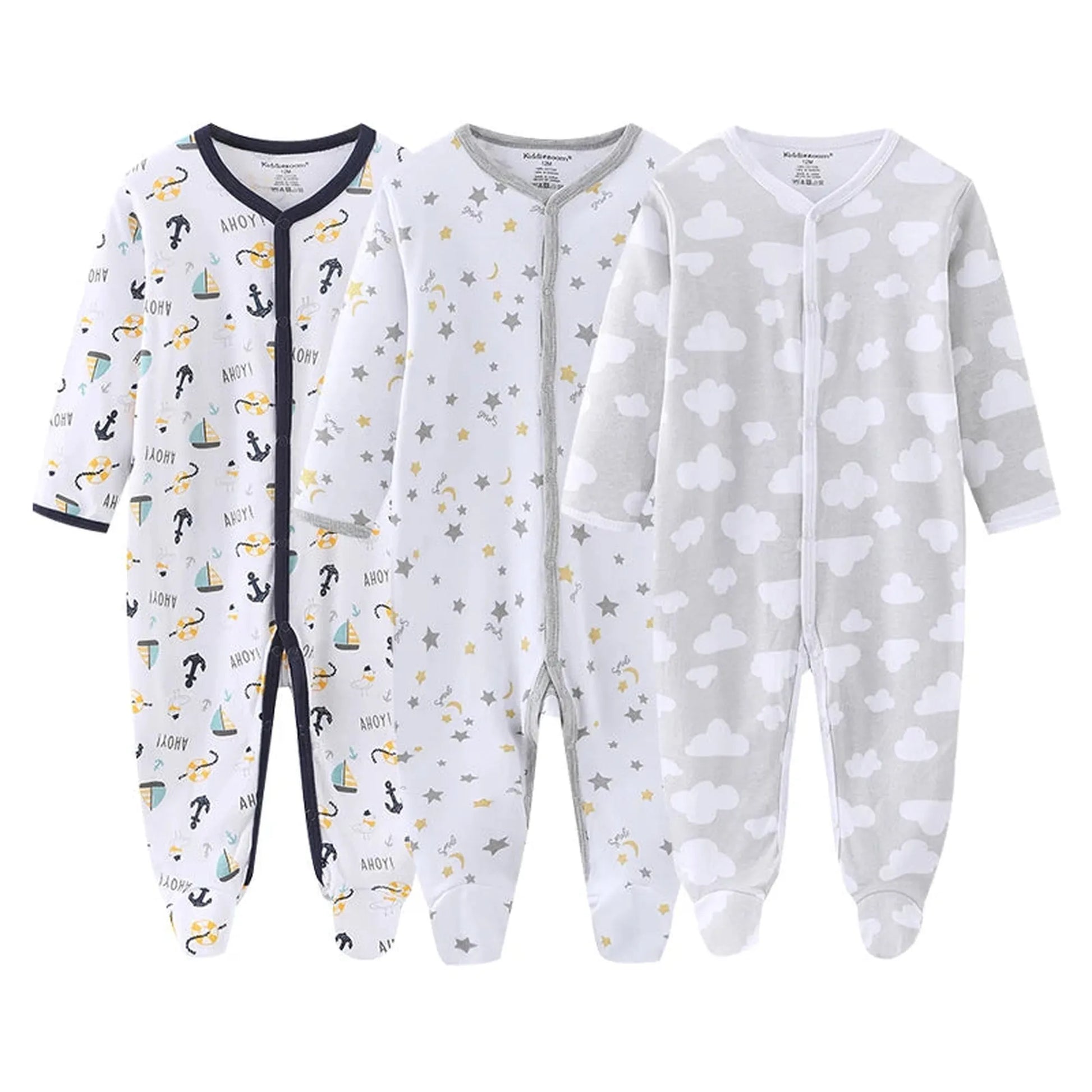 Three long-sleeve cotton baby rompers: white with anchors, white with stars, and grey with clouds.