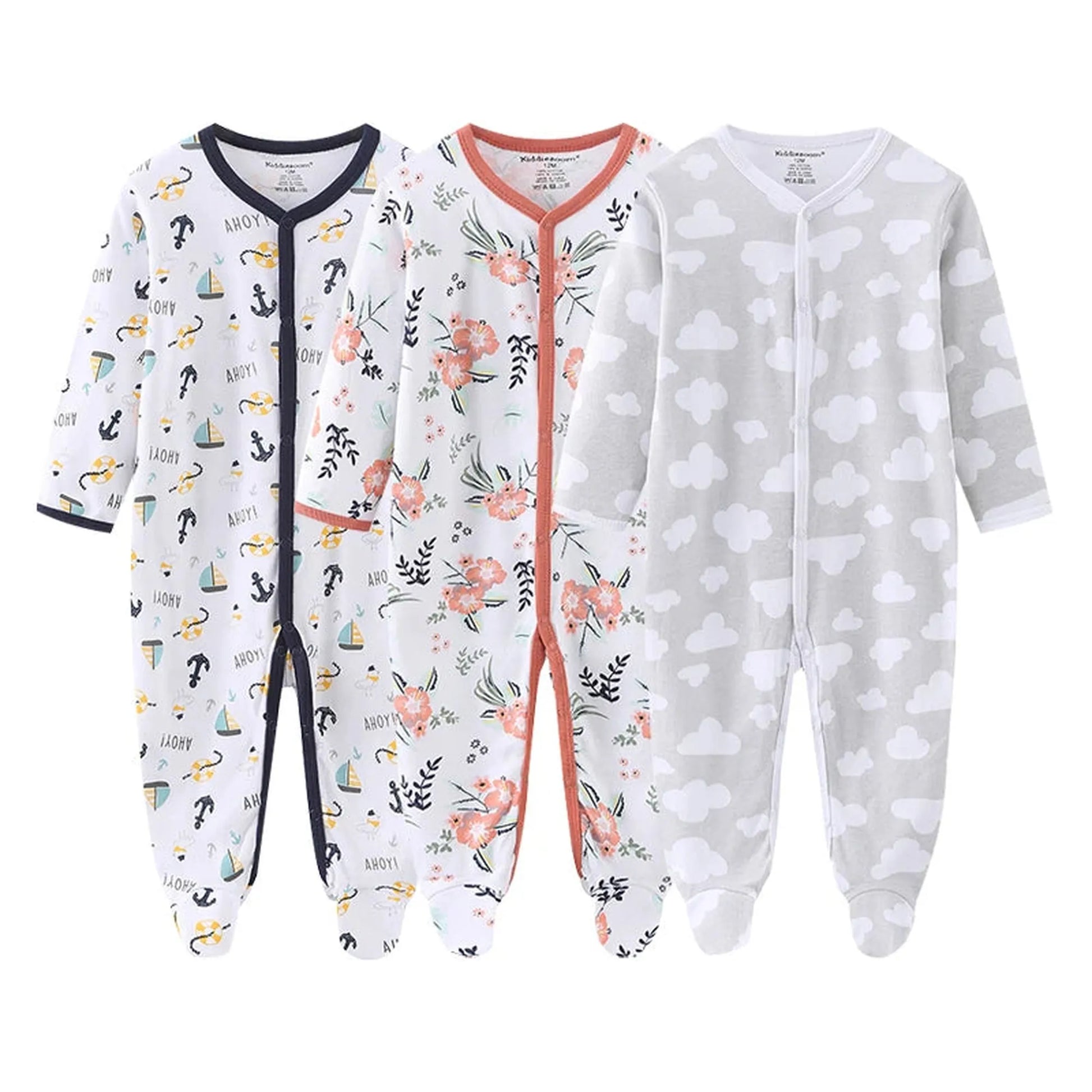 Three long-sleeve cotton baby rompers: nautical print, floral print, and grey with white clouds.