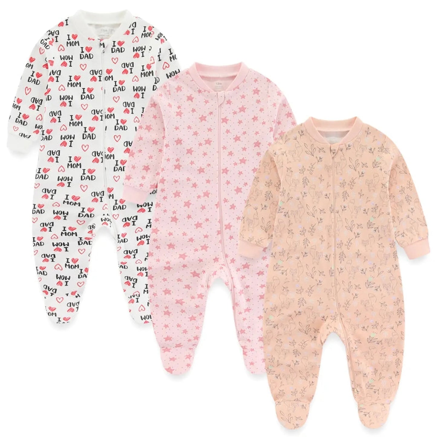 Three long-sleeve cotton baby rompers: white with "I love Mom Dad" print, pink with stars, and peach with nature print.