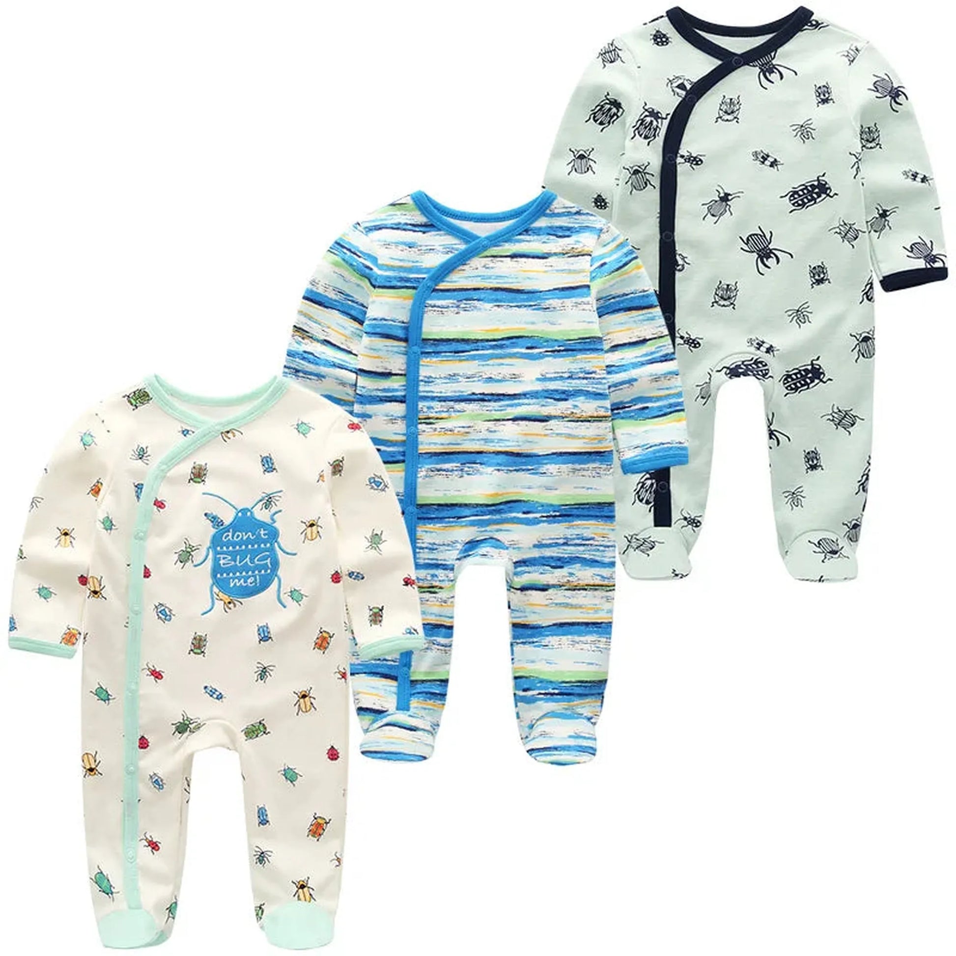Three long-sleeve cotton baby rompers: one white with colorful bugs, one blue striped, and one light green with dark bugs.