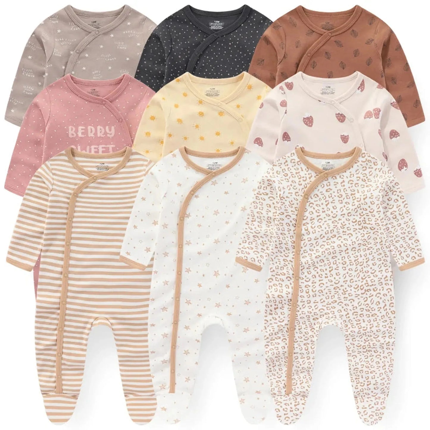 Assorted 3-pack long-sleeve cotton baby rompers in various colors and patterns like stripes, stars, and strawberries.