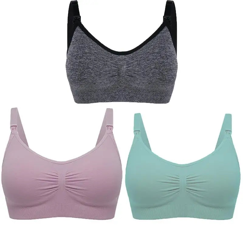 Set of 3 seamless, breathable maternity and nursing bras in grey, pink, and mint green with front clips.