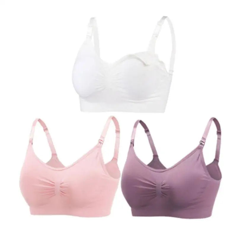 Set of 3 seamless, breathable maternity and nursing bras in white, pink, and purple with front clips.