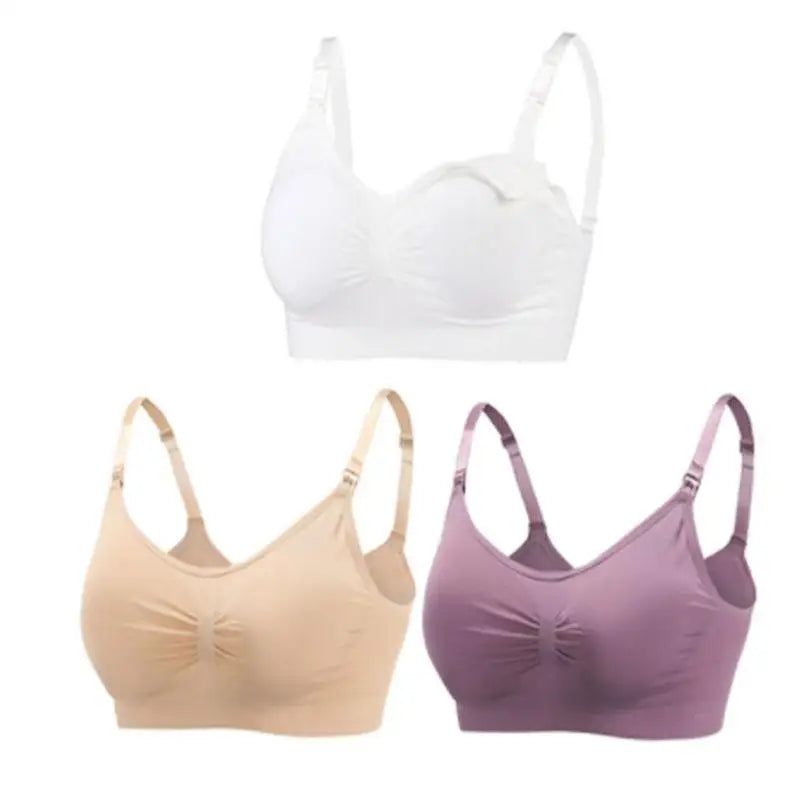 Set of 3 seamless, breathable nursing and maternity bras in white, beige, and purple with front clips.