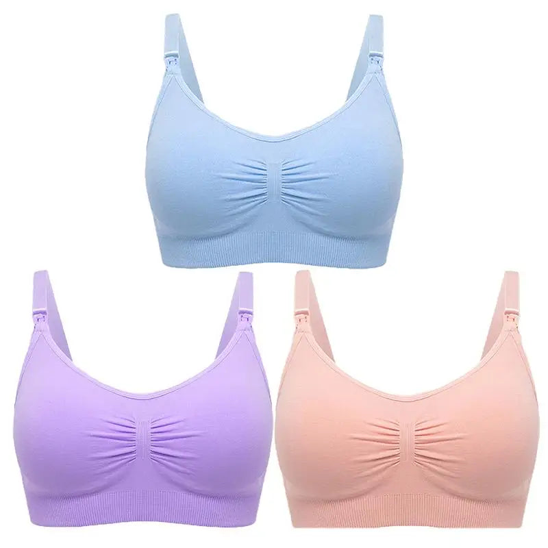Set of 3 seamless, breathable nursing and maternity bras in light blue, lavender, and peach.