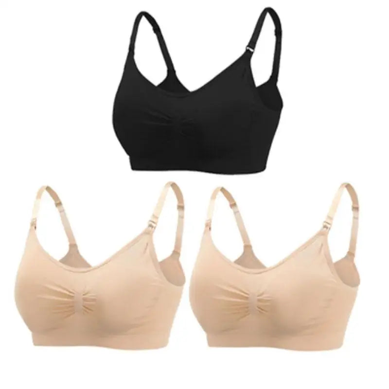 Set of three seamless, breathable nursing and maternity bras: one black, two nude, with adjustable straps.
