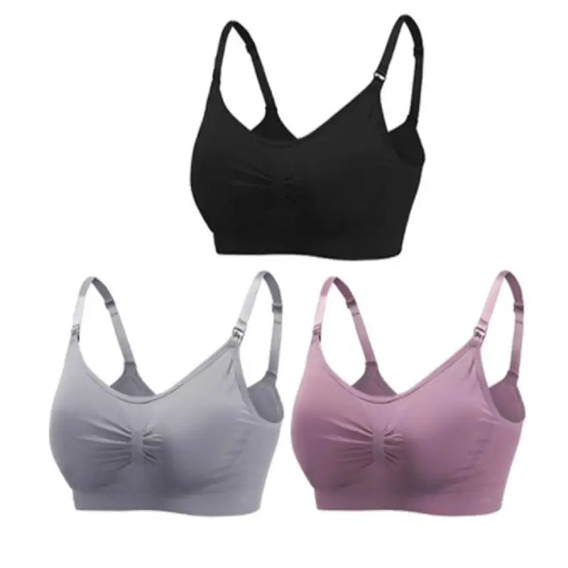 Set of 3 seamless, breathable nursing and maternity bras in black, grey, and dusty rose.