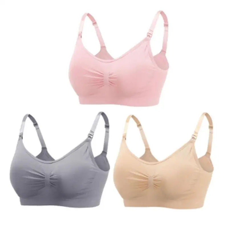 Set of 3 seamless, breathable nursing and maternity bras in pink, grey, and beige with front clips.