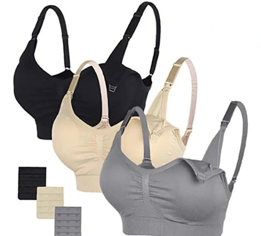 Set of 3 seamless, breathable nursing bras in black, beige, and gray with front clips and U-back design.