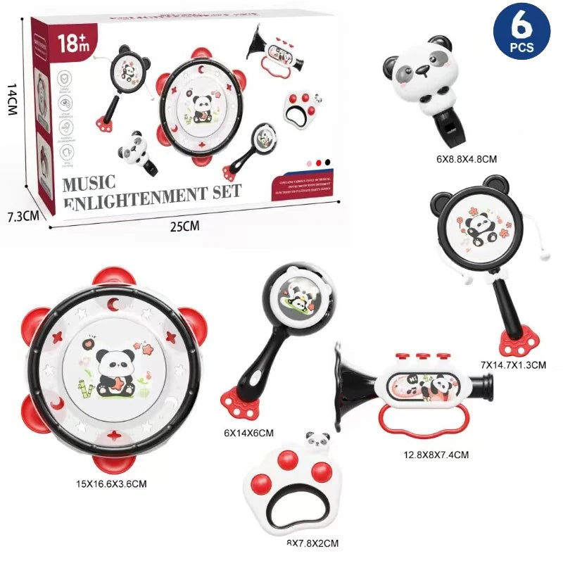 Montessori musical rattle toy set with panda design, including drum, maracas, and horn in black, white, and red.