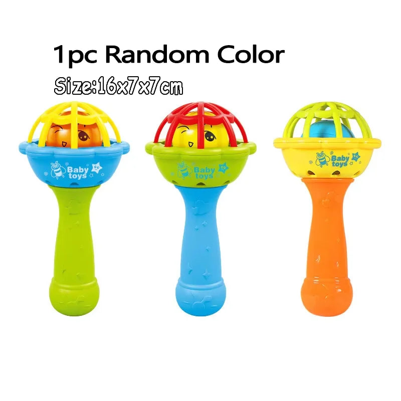 Montessori baby rattle and musical toy, 16x7x7cm, with colorful plastic handle and smiling face inside.