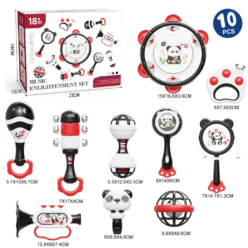 10-piece black, white, and red Montessori musical toy set with panda designs, including rattles, tambourine, and horn.