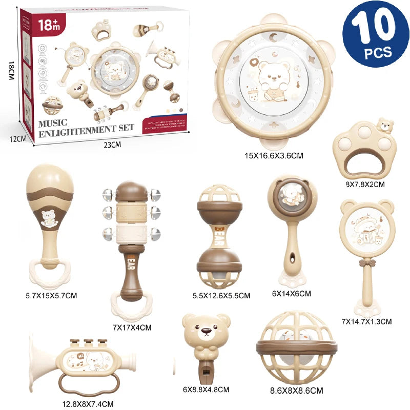 Montessori musical rattle set for babies, featuring 10 beige and brown instruments with bear designs.