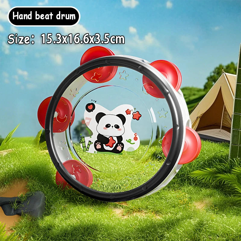 Montessori hand beat drum with panda design, red cymbals, and clear center.