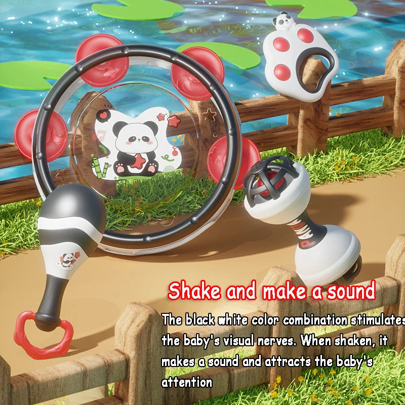 Montessori musical baby toy set with panda tambourine, maraca, and rattle.