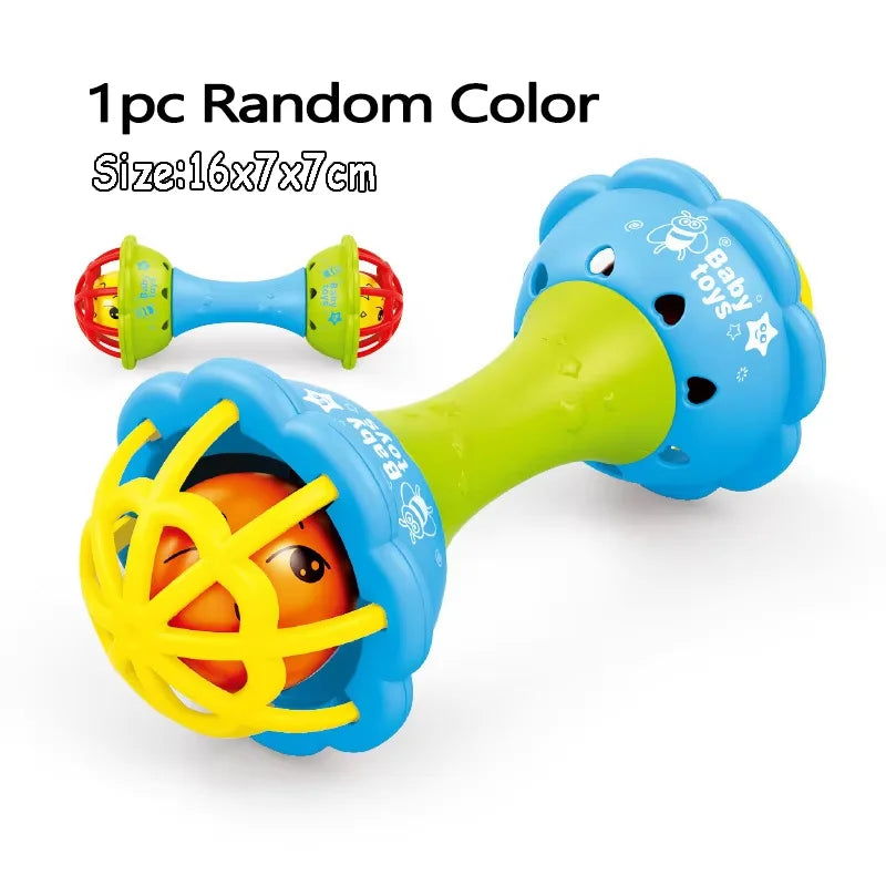 Blue and green baby rattle with a smiling orange face inside, 16x7x7cm.