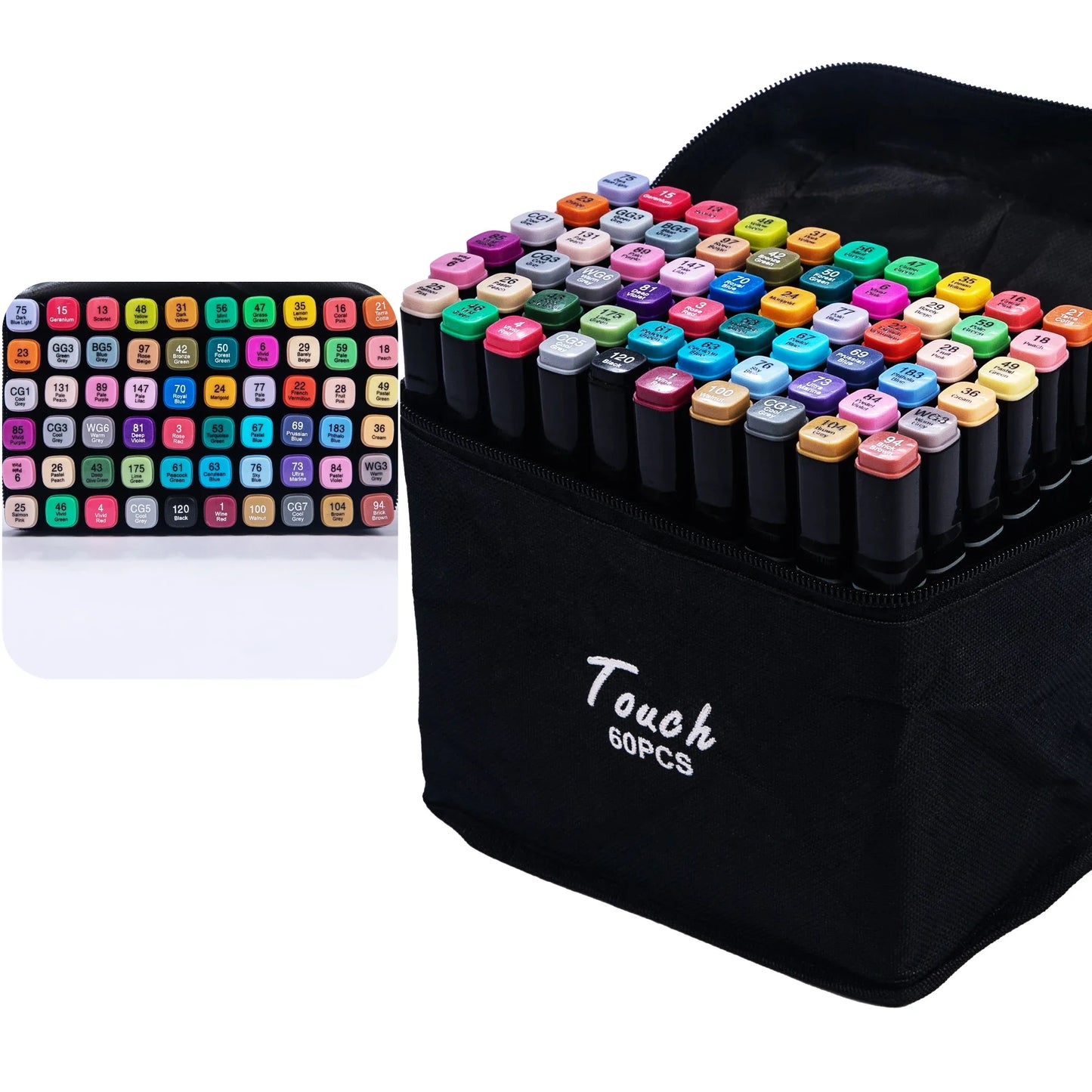 60 dual-tip professional art markers in a black zippered case, with a color chart insert.