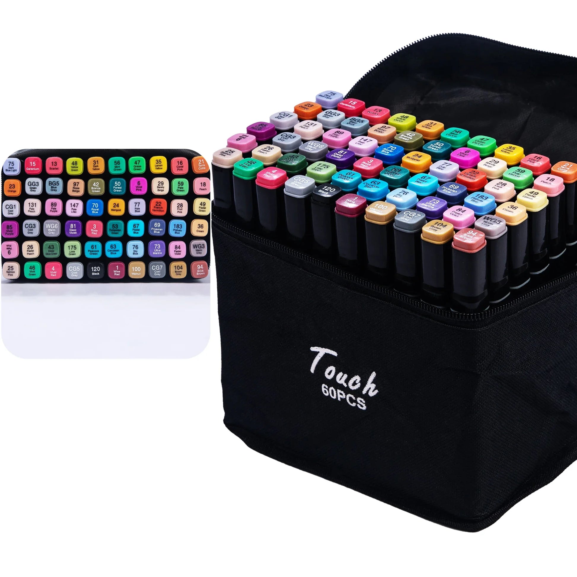 60 dual-tip professional art markers in a black zippered case, with a color chart insert.