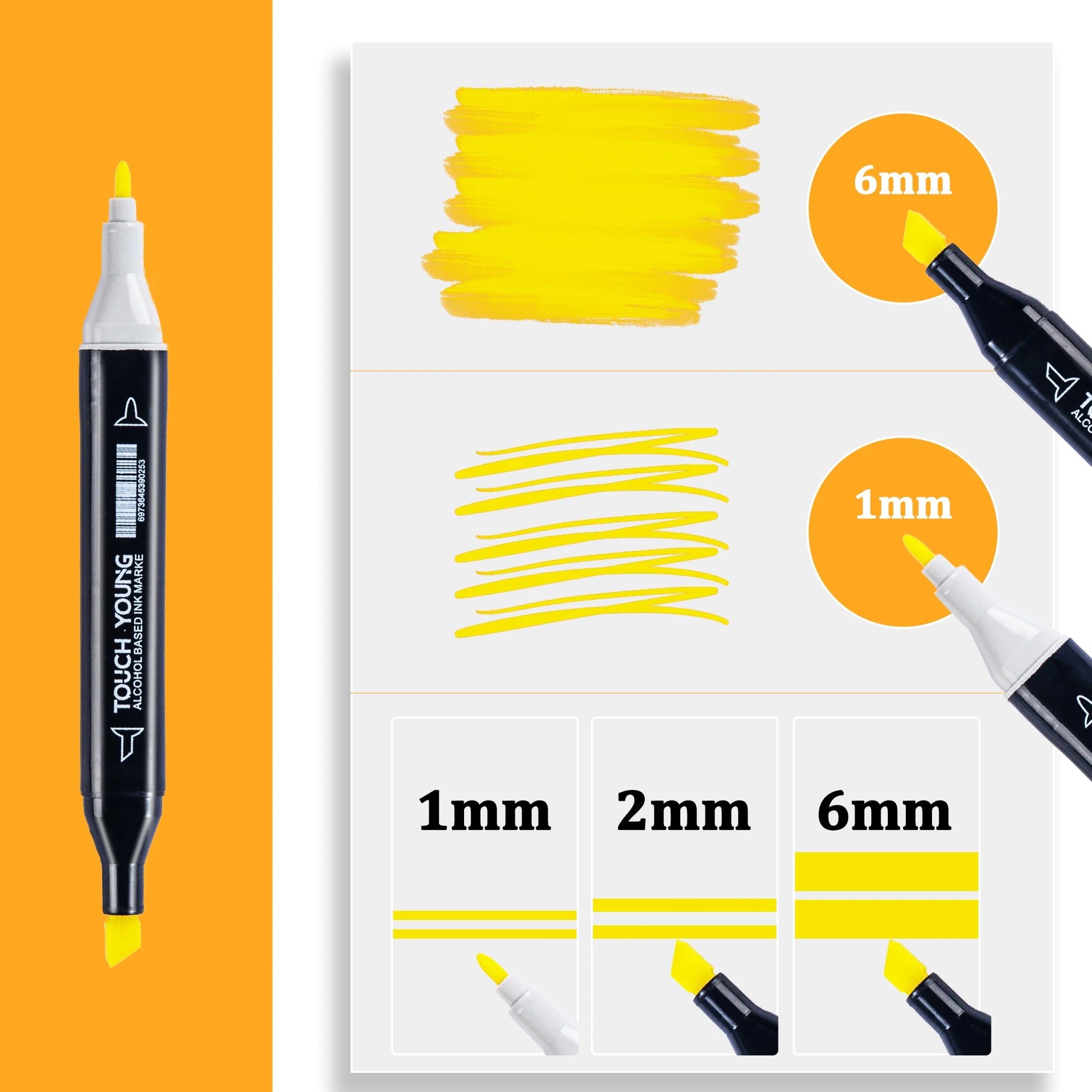 Dual-tip alcohol-based marker in bright yellow, showcasing 1mm and 6mm tips for drawing and sketching.