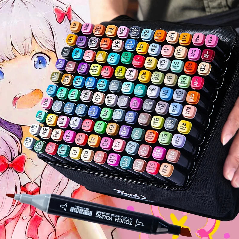 Dual-tip alcohol-based marker set in a black carrying case, featuring a wide range of vibrant colors for art and design.