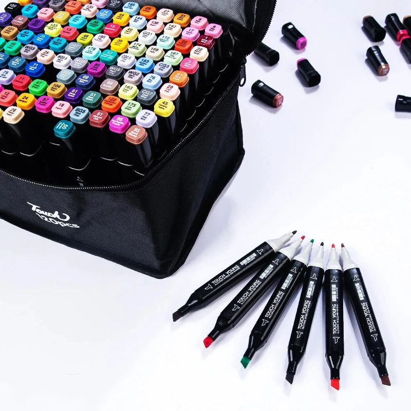 Professional dual-tip marker set in a black carrying case, featuring a wide range of vibrant colors.