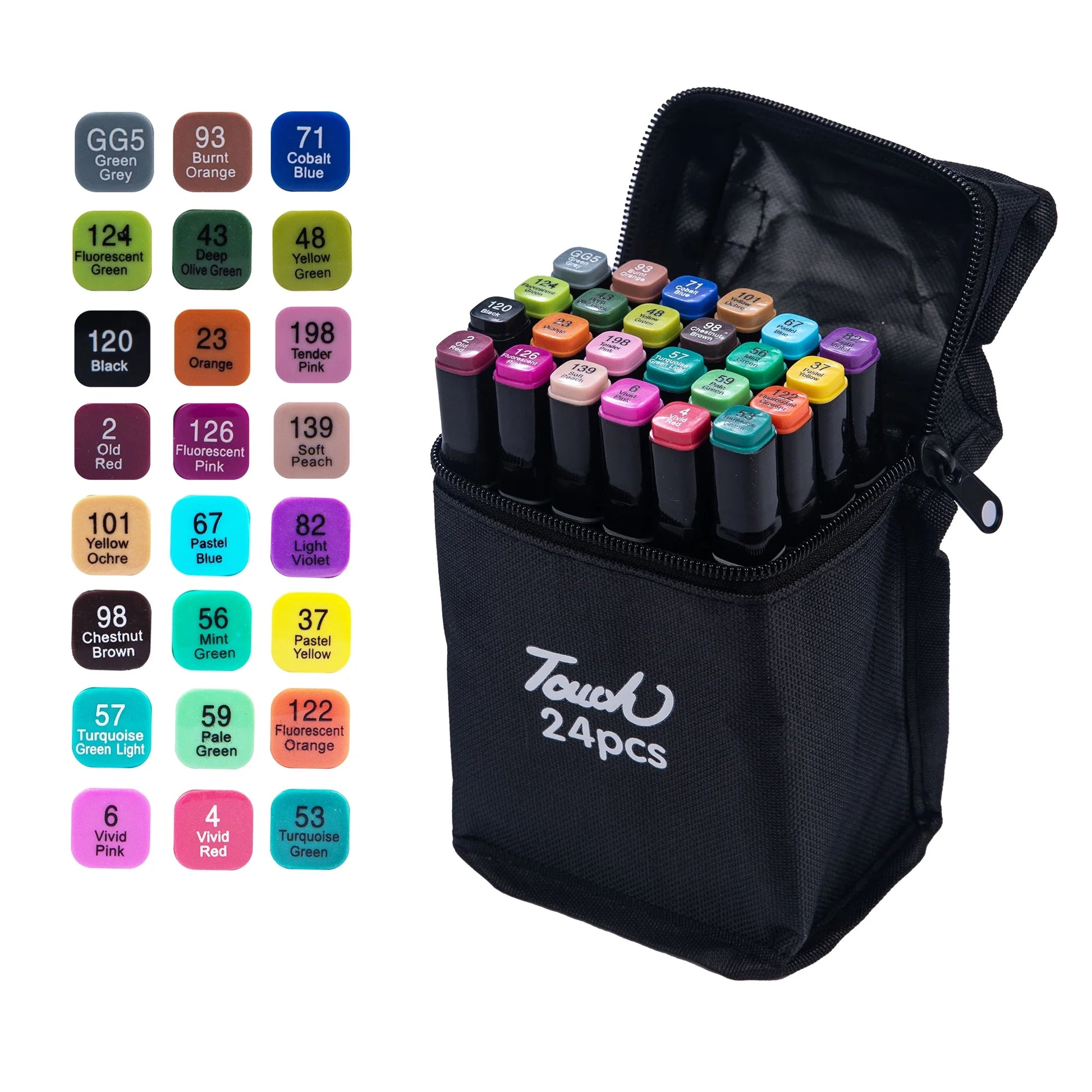 24-piece dual-tip professional marker set in a black zippered case, with color swatches.
